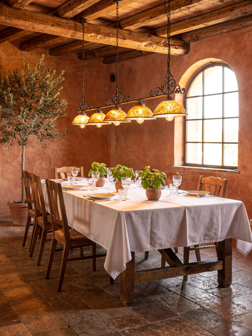 Spacious dining room with limestone walls and natural light