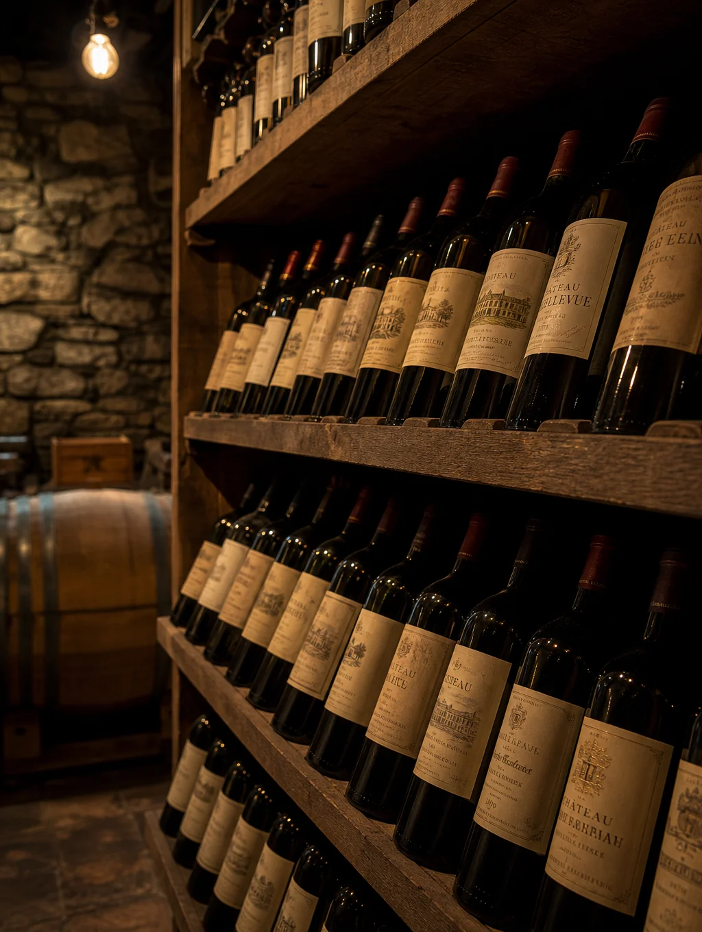 Rows of vintage wine bottles in our subterranean cellar