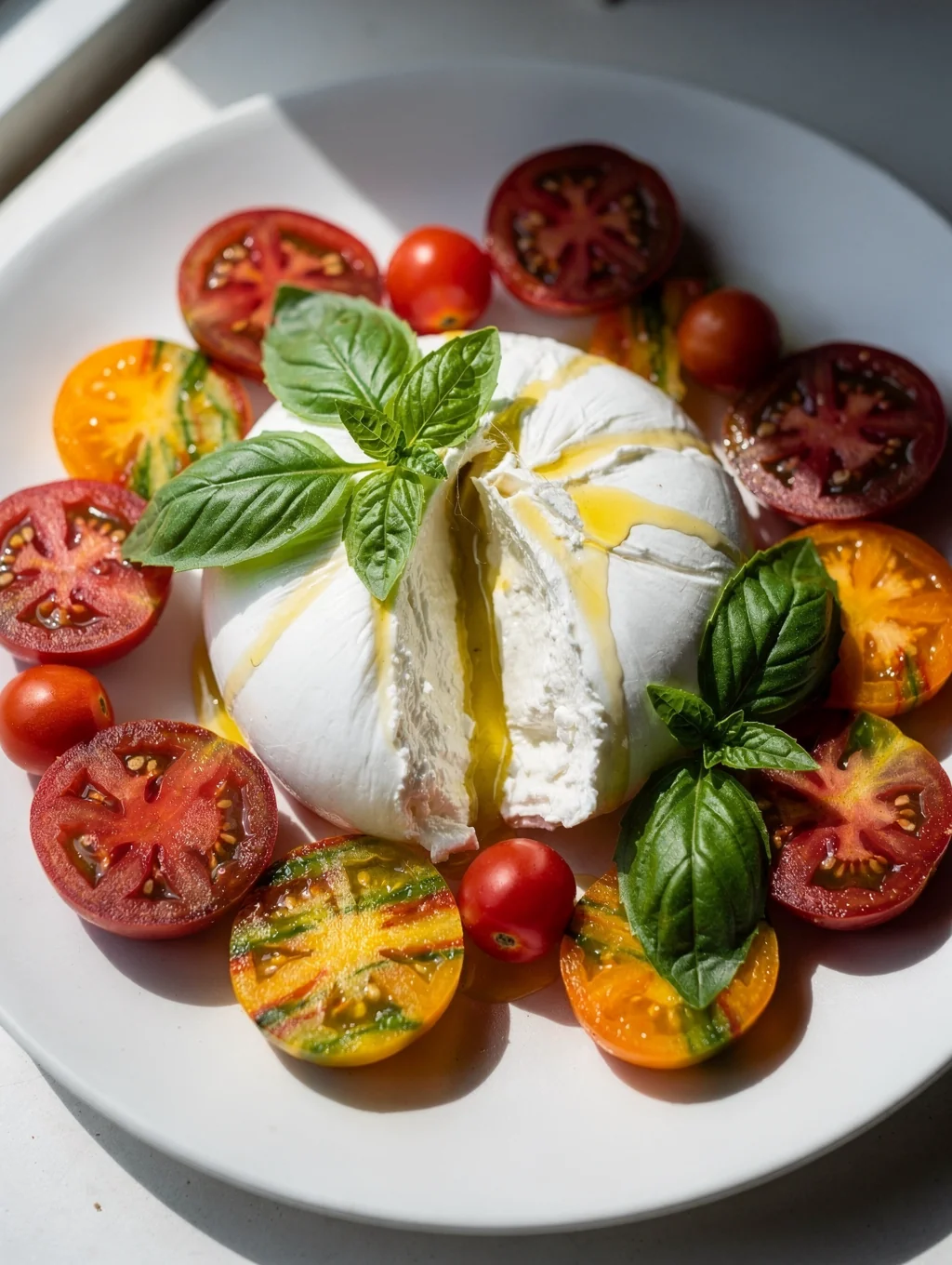 Creamy burrata with heirloom tomatoes