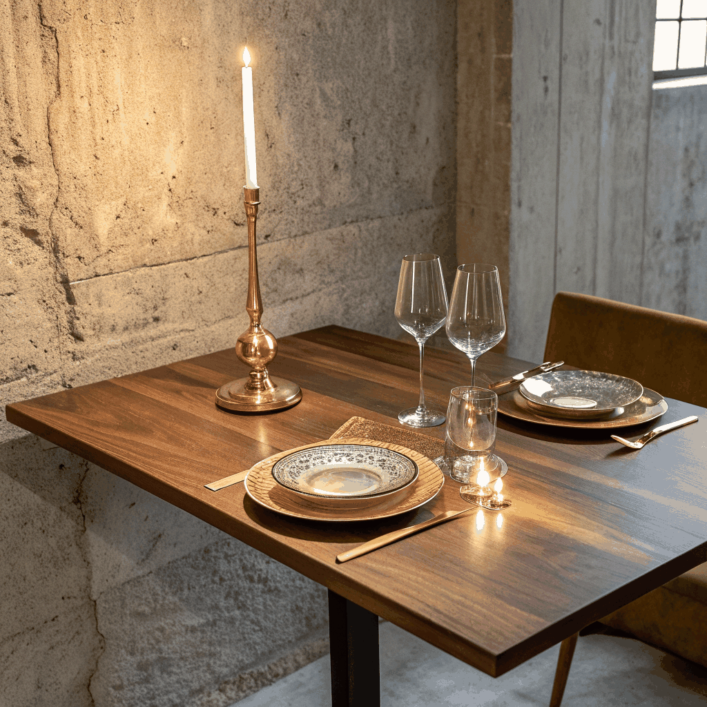 Candlelit travertine dining table with fine wine and linen