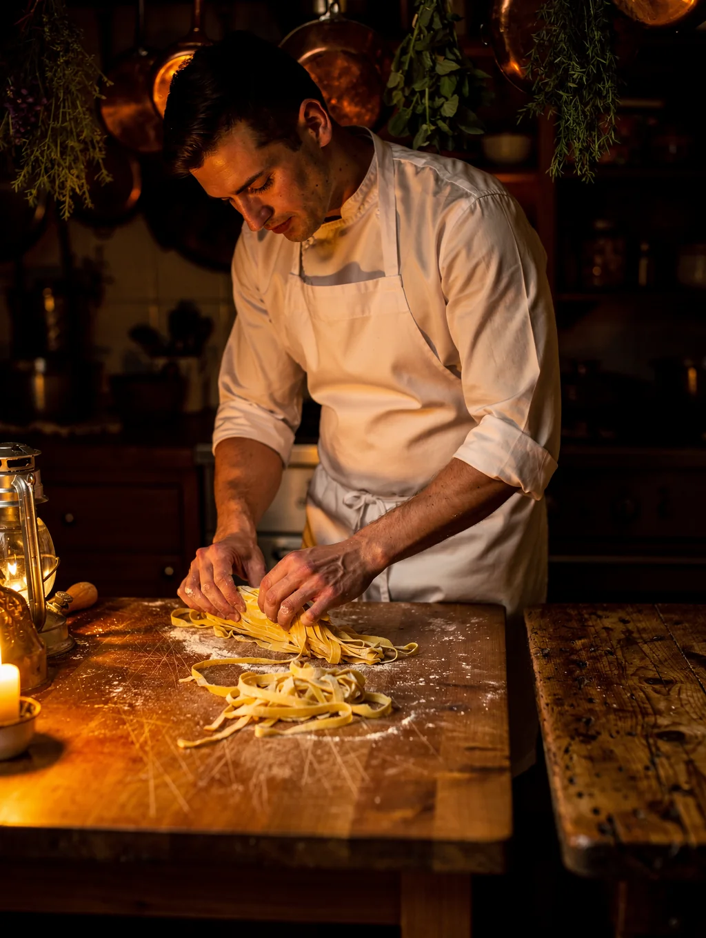 Chef hand-pleating fresh agnolotti in our open kitchen