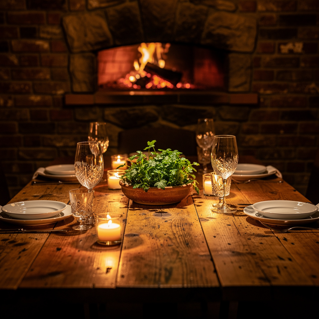 Cozy candlelit dining room with rustic stone walls