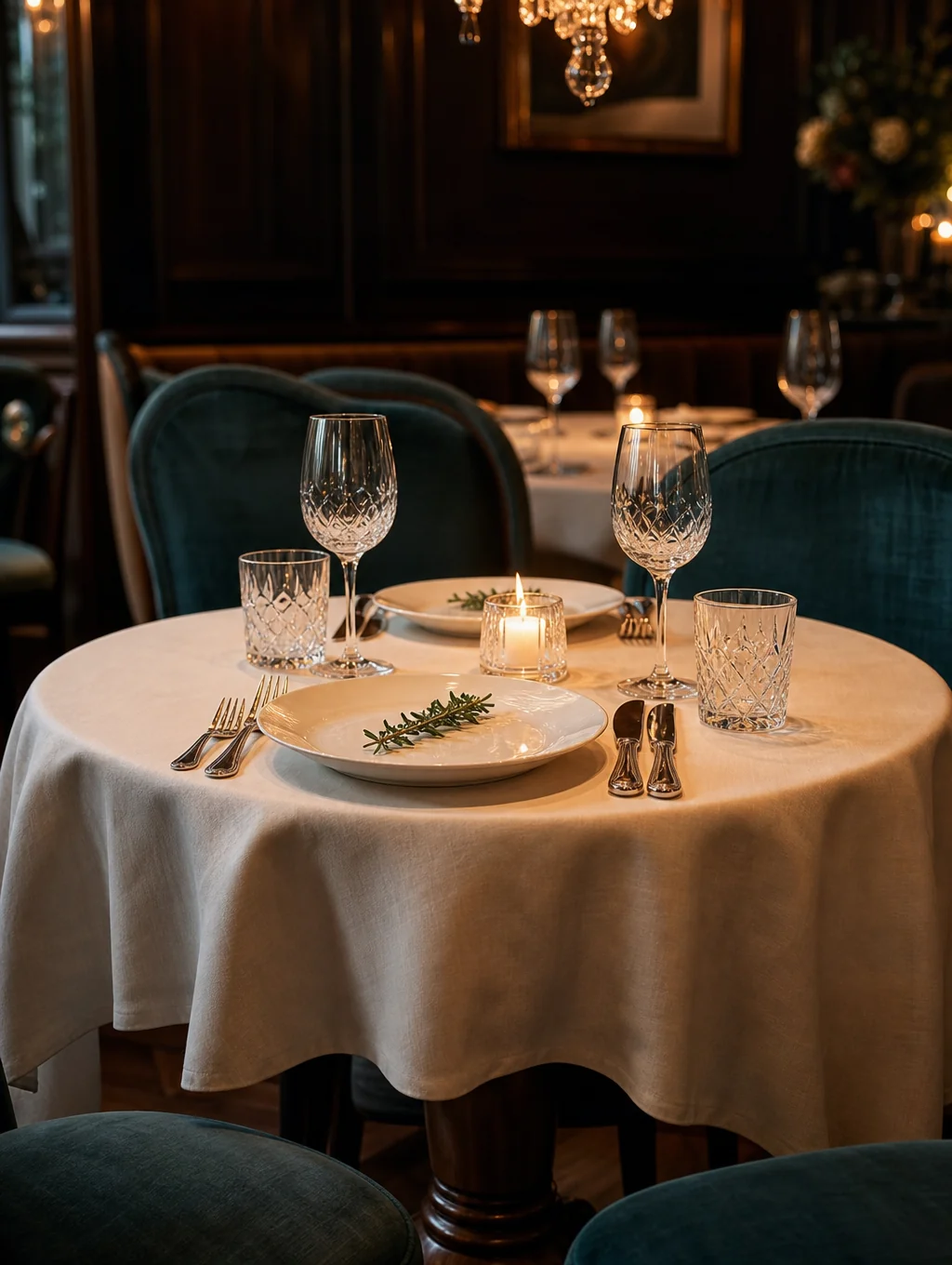 Intimate candlelit table setting in our cozy dining room