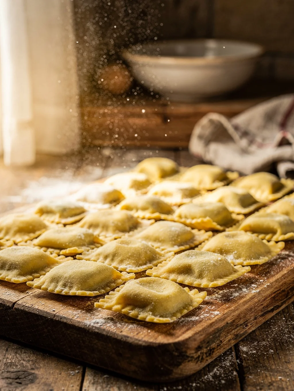 Hand-pleated agnolotti pasta dusted with stoneground flour