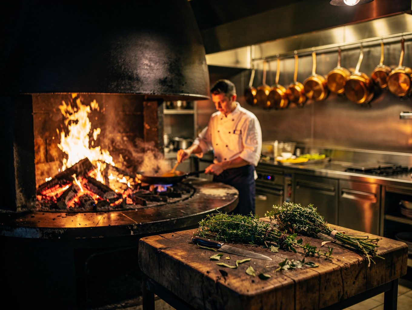 Open kitchen hearth with flames cooking seasonal dishes