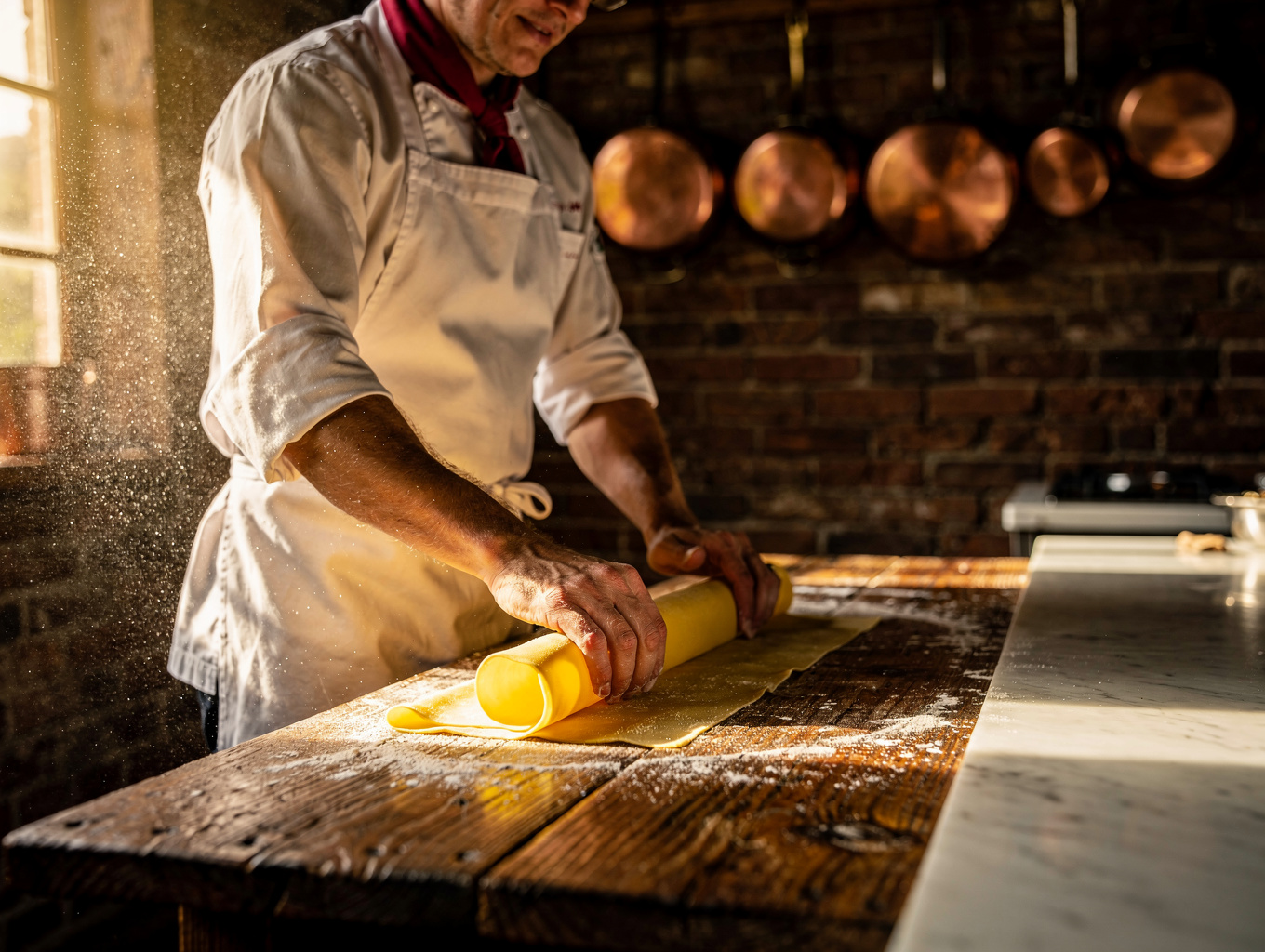 Chef hand-pleating fresh agnolotti in the open kitchen