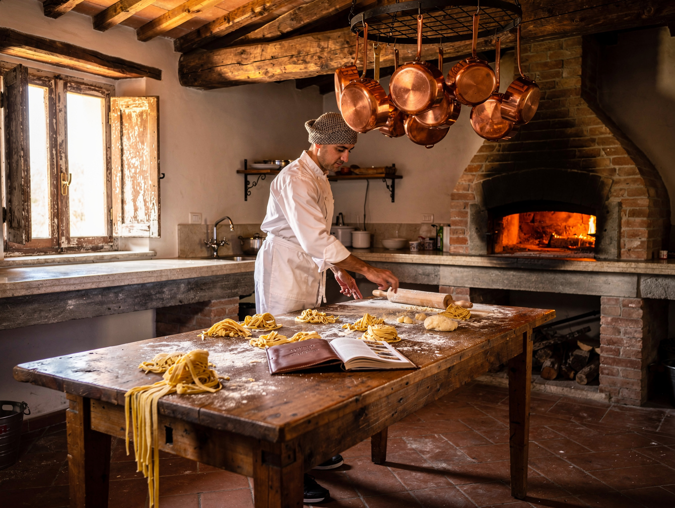 Chef working at a wood-fired kitchen hearth