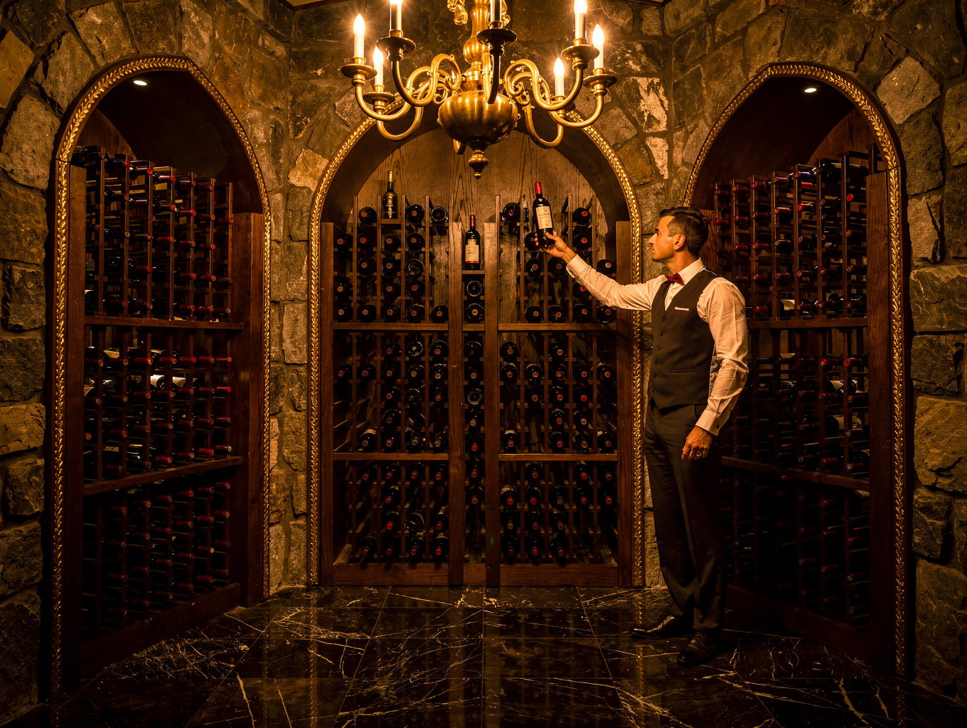 Subterranean wine cellar with rows of vintage bottles